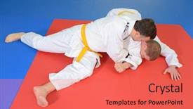  Presentation with judo - Colorful presentation design enhanced with two men on a judo backdrop and a coral colored foreground