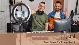  Presentation with music classic - Slides with two-men-playing-classic-guitar background and a coral colored foreground