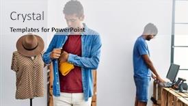  Presentation with clothing - Presentation featuring two-men-shopkeeper-and-customer background and a white colored foreground