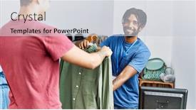  Presentation with clothing - Slides featuring two-men-shopkeeper-and-customer and a light gray colored foreground