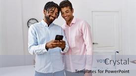  Presentation with confident - Slide deck consisting of two-men-smiling-confident-using background and a light blue colored foreground