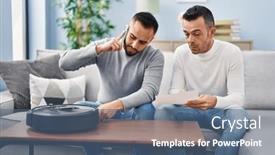  Presentation with service technician - Presentation design enhanced with two-men-talking-on-smartphone background and a ocean colored foreground