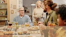  Presentation with festive - Slides featuring two-men-talking-to-one background and a coral colored foreground