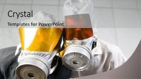  Presentation with masks - Audience pleasing presentation theme consisting of two men wear gas masks backdrop and a light gray colored foreground