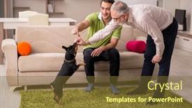  Presentation with dog - Audience pleasing slide set consisting of two-men-with-dog backdrop and a tawny brown colored foreground