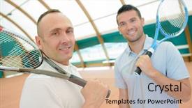  Presentation with two men climbing - Beautiful PPT theme featuring two men with tennis rackets backdrop and a coral colored foreground
