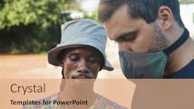  Presentation with working together - Slide set having two-men-working-together-social background and a coral colored foreground