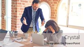  Presentation with bullying - Slide deck featuring two-middle-age-business-workers background and a mint green colored foreground