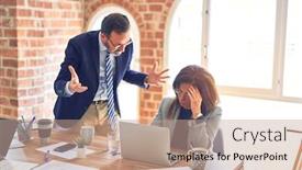  Presentation with working together - Slide set enhanced with two-middle-age-business-workers background and a coral colored foreground