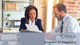  Presentation with working together - PPT layouts enhanced with two-middle-age-business-workers background and a light blue colored foreground