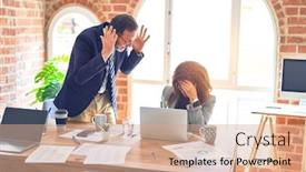  Presentation with working together - Theme featuring two-middle-age-business-workers background and a coral colored foreground