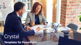  Presentation with working together - Cool new PPT theme with two-middle-age-business-workers backdrop and a navy blue colored foreground