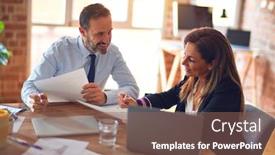  Presentation with working together - Beautiful theme featuring two-middle-age-business-workers backdrop and a violet colored foreground