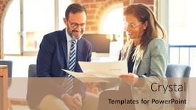  Presentation with working together - Amazing theme having two-middle-age-business-workers backdrop and a coral colored foreground