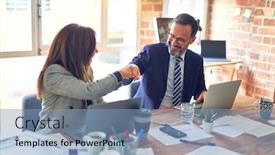  Presentation with working together - Audience pleasing presentation theme consisting of two-middle-age-business-workers backdrop and a teal colored foreground