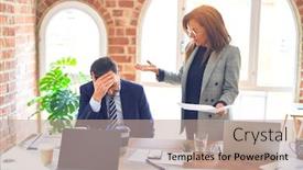  Presentation with working together - Cool new presentation theme with two-middle-age-business-workers backdrop and a coral colored foreground