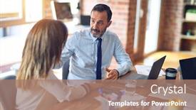  Presentation with working together - Beautiful slide deck featuring two-middle-age-business-workers backdrop and a coral colored foreground