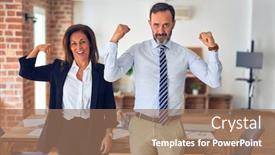  Presentation with working together - Cool new slides with two-middle-age-business-workers backdrop and a coral colored foreground