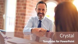  Presentation with working together - Beautiful theme featuring two-middle-age-business-workers backdrop and a coral colored foreground