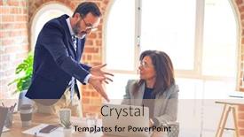  Presentation with bullying - PPT theme with two-middle-age-business-workers background and a coral colored foreground