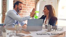  Presentation with working together - Presentation theme featuring two-middle-age-business-workers background and a coral colored foreground