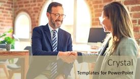  Presentation with working together - Amazing PPT theme having two-middle-age-business-workers backdrop and a coral colored foreground