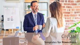  Presentation with coffe - Slide set having two-middle-age-business-workers background and a coral colored foreground