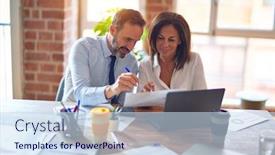 Presentation with working together - Cool new presentation with two-middle-age-business-workers backdrop and a sky blue colored foreground