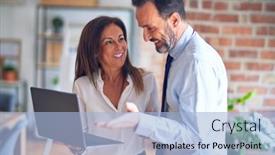  Presentation with working together - Slide deck with two-middle-age-business-workers background and a light blue colored foreground