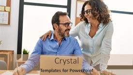  Presentation with office - Presentation design having two-middle-age-business-workers background and a coral colored foreground