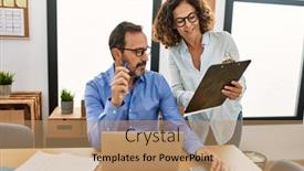  Presentation with working - Slide set featuring two-middle-age-business-workers background and a coral colored foreground