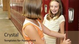  Presentation with middle school - PPT theme having two middle school students chatting at their lockers background and a coral colored foreground