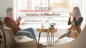  Presentation with millennials - Presentation with two millennials in casualwear sitting opposite each other on couches in cafe against window and scrolling in gadgets background and a cream colored foreground