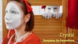  Presentation with comedy - Colorful PPT layouts enhanced with two-mime-artists-comedy-voyeurism backdrop and a tawny brown colored foreground