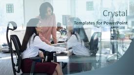  Presentation with standing sitting - Presentation design consisting of two-mixed-race-businesswomen-working background and a sky blue colored foreground