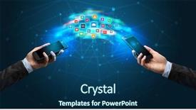  Presentation with mobile applications - Beautiful PPT theme featuring two mobile phones syncing applications backdrop and a navy blue colored foreground