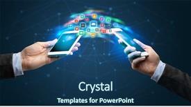  Presentation with mobile applications - Slide set featuring two mobile phones syncing applications background and a ocean colored foreground