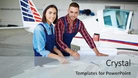  Presentation with aircraft engineers - Colorful presentation enhanced with two modern aircraft engineers man backdrop and a light gray colored foreground