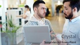  Presentation with project - Colorful PPT theme enhanced with two-modern-business-people-discussing backdrop and a light blue colored foreground