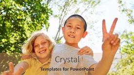  Presentation with summer camp - Presentation theme with two-multicultural-boys-as-friends background and a coral colored foreground