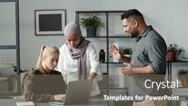  Presentation with front desk - Slide set featuring two-multicultural-employees-bullying-young background and a gray colored foreground