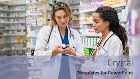  Presentation with hospital pharmacy - Cool new presentation design with two-multiethnic-pharmacists-checking-inventory backdrop and a light blue colored foreground
