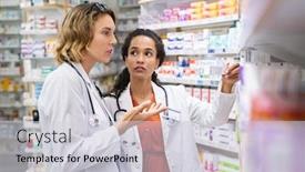  Presentation with hospital pharmacy - Beautiful slides featuring two-multiethnic-pharmacists-checking-inventory backdrop and a light gray colored foreground