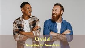  Presentation with friends - Presentation theme featuring two-multinational-male-friends-smiling background and a violet colored foreground