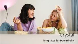  Presentation with ponies and girls - PPT theme with two-multiracial-girls-eating-snacks background and a coral colored foreground