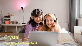  Presentation with listening - Presentation theme consisting of two-multiracial-girls-listening-music background and a violet colored foreground