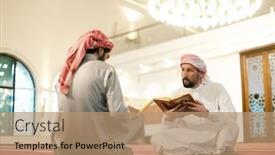  Presentation with quran - Presentation design with two-muslim-people-in-mosque background and a coral colored foreground
