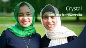  Presentation with muslim women - PPT theme featuring two-muslim-women-hanging-out background and a forest green colored foreground