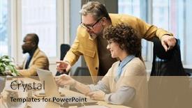  Presentation with managers - Theme having two-office-managers-in-casualwear background and a coral colored foreground