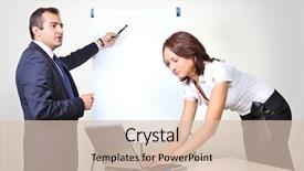  Presentation with flip chart - Presentation consisting of two office workers a man giving a presentation on a flip chart trying to convince his female colleague who is working on laptop background and a lemonade colored foreground